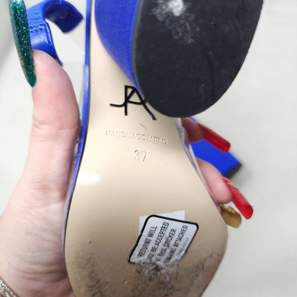 Paul Andrew Womens Heels Serrano Blue Satin PVC Cabochon Peep Toe Slingback 37 7 - Picture 10 of 10